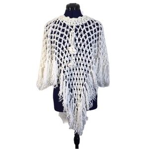 CREA White Crochet Knit Fringe Shawl Sweater